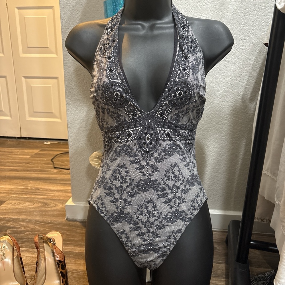 Elegant Gray Beaded Halter Bodysuit
